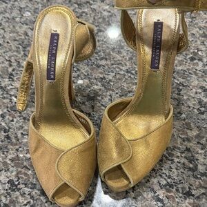 Ralph Lauren Metallic Gold Peep-Toe Ankle-Strap Heels